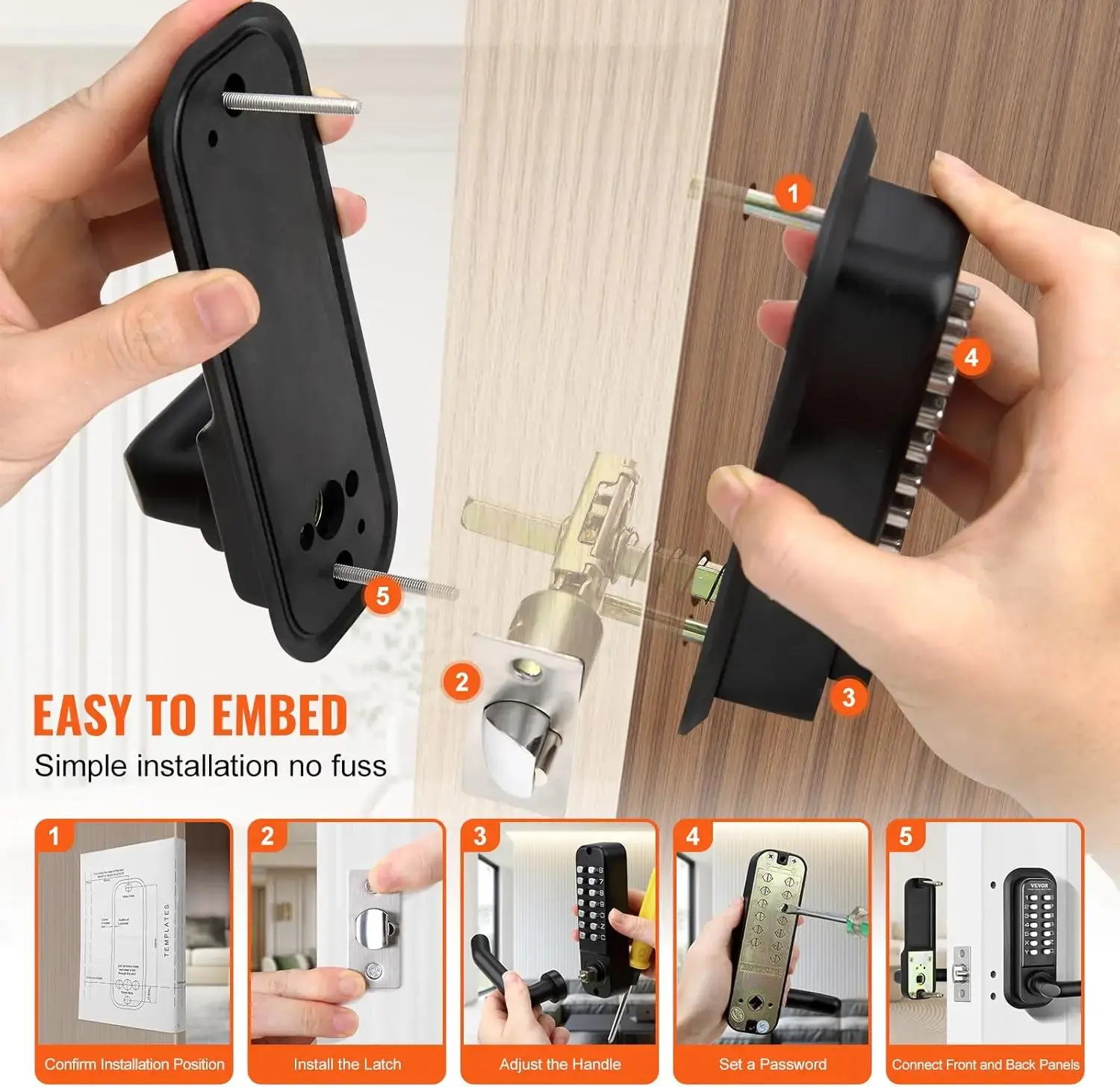 Mechanical Keyless Entry Door Lock, 14 Digit Keypad, Embedded Outdoor Gate Door Locks Set with Keypad and Handle