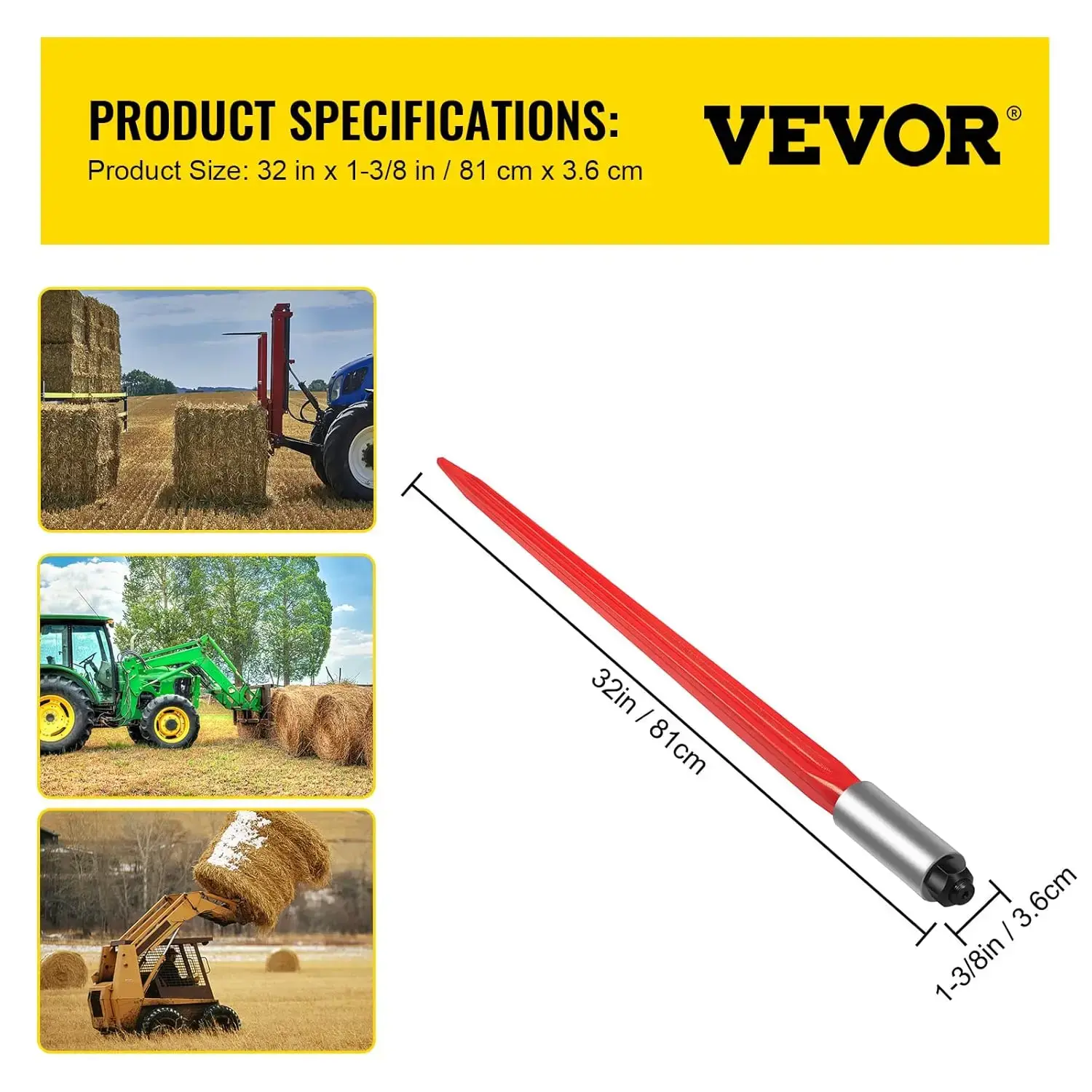 Hay Spear 32" Bale Spear 1350 lbs Capacity, Bale Spike Quick Attach Square Hay Bale Spears 1.4" wide