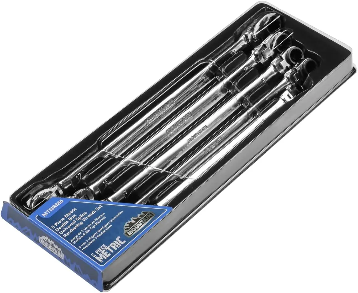 5-Piece Metric Double Box Universal Spline Reversible Ratcheting Wrench Set; 8 mm - 18mm, 90 Tooth Design, Long, Flexible;MTNRM6