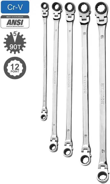 5-Piece Metric Double Box Universal Spline Reversible Ratcheting Wrench Set; 8 mm - 18mm, 90 Tooth Design, Long, Flexible;MTNRM6