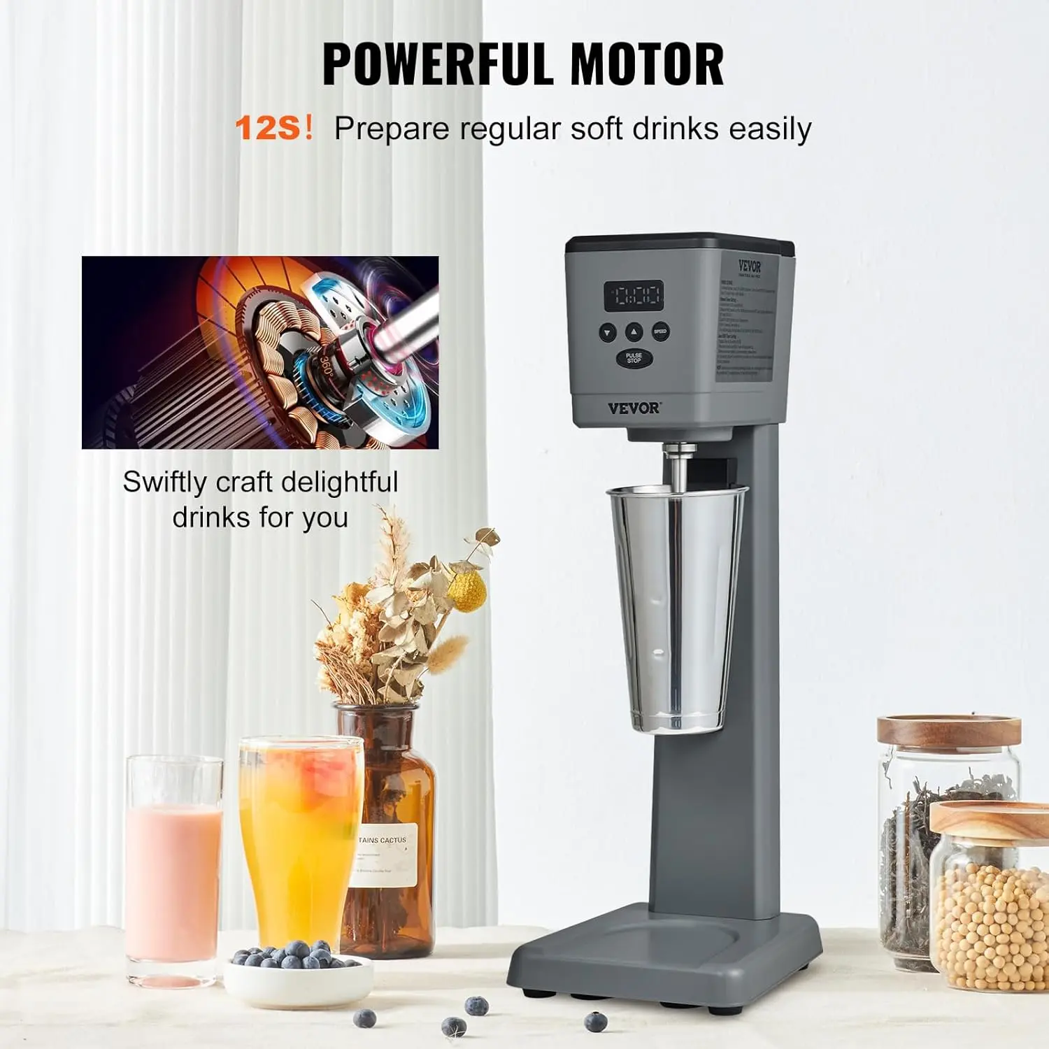 Milkshake Maker, 375W Electric Milkshake Machine, Single Head Drink Mixer Blender Machine, LED Intelligent Microswitch