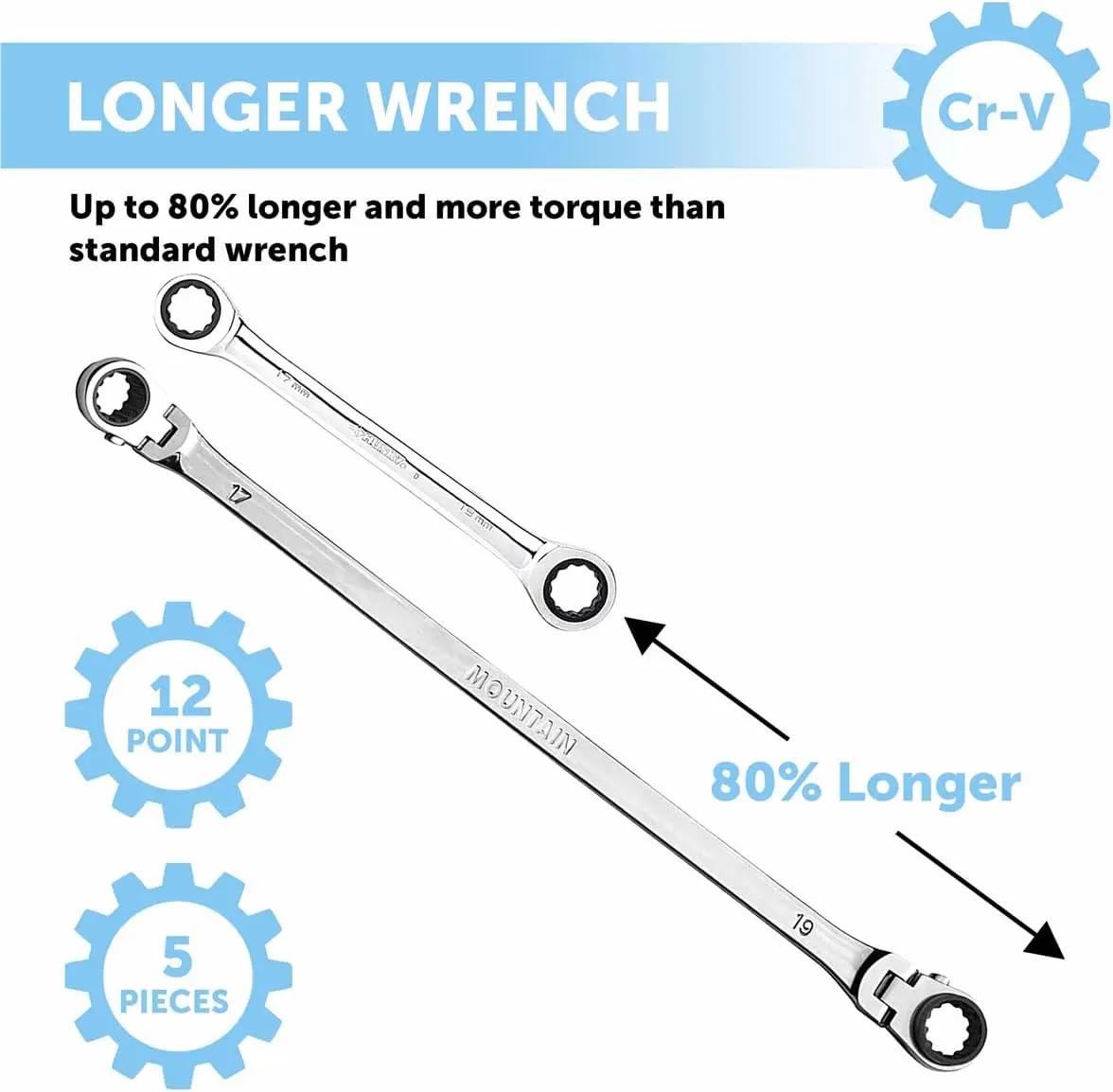 5-Piece Metric Double Box Universal Spline Reversible Ratcheting Wrench Set; 8 mm - 18mm, 90 Tooth Design, Long, Flexible;MTNRM6