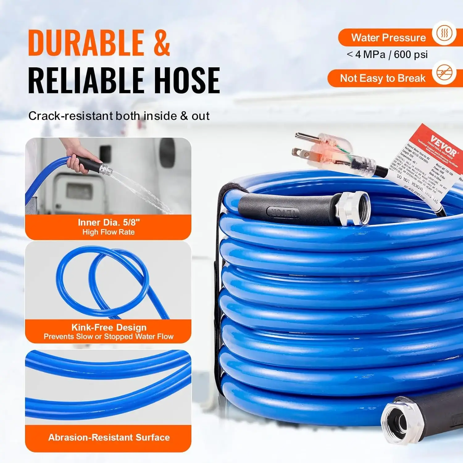 30ft Heated Water Hose for RV, Heated Drinking Water Hose Antifreeze to -45°F, Automatic Self-regulating