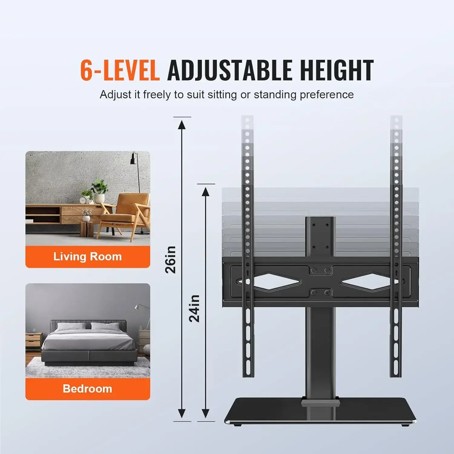 TV Stand Mount, Swivel Universal TV Stand for 32 to 55 inch TVs, Height Adjustable Floor TV Stand with Tempered Glass Base