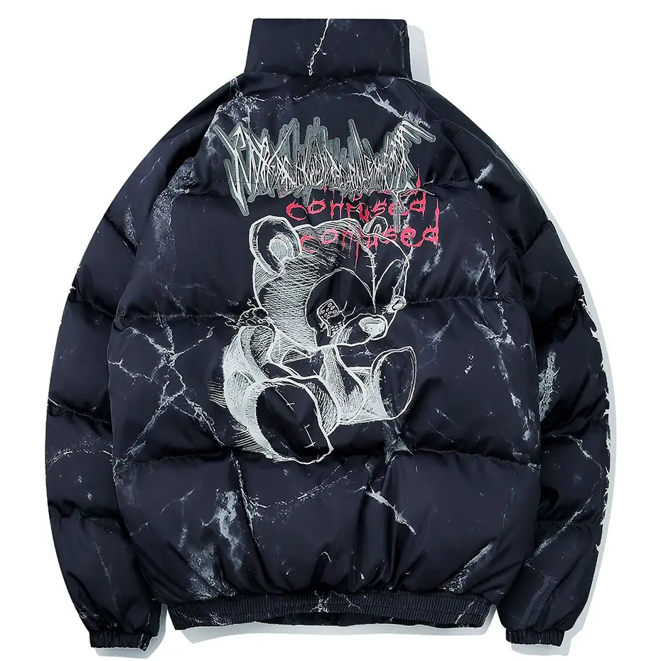 Hip Hop Puffer Jackets Men Streetwear Padded Parkas Coats Lightning Bear Printed Oversized Jackets Winter Coat Black Parkas