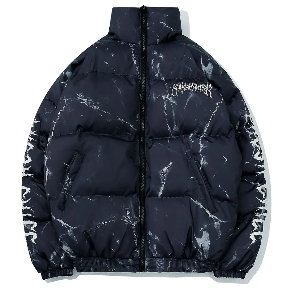 Hip Hop Puffer Jackets Men Streetwear Padded Parkas Coats Lightning Bear Printed Oversized Jackets Winter Coat Black Parkas