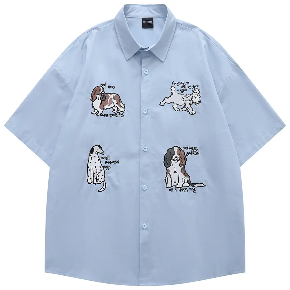Dog Embroidery Shirts Japan Style Shirts Men Summer Casual Loose Short Sleeve Button Up Blouse Harajuku Oversized Shirts