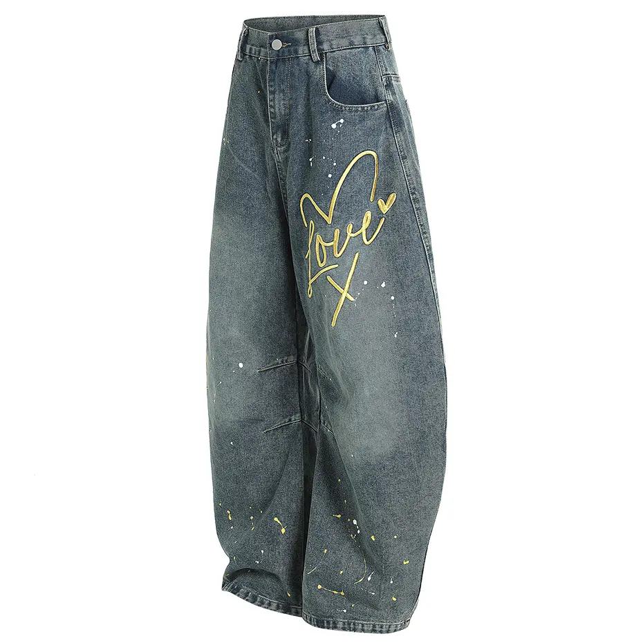 Embroidery Baggy Jeans Men Blue Loose Straight Denim Pants Streetwear Harajuku Hip Hop Jeans