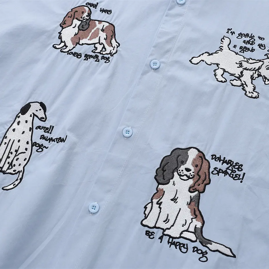 Dog Embroidery Shirts Japan Style Shirts Men Summer Casual Loose Short Sleeve Button Up Blouse Harajuku Oversized Shirts