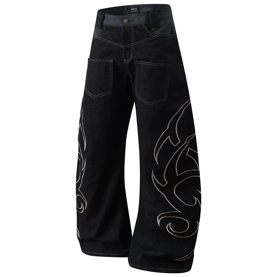 Embroidery Baggy Jeans Men Streetwear Harajuku Hip Hop Jeans Black Loose Wide Leg Denim Pants