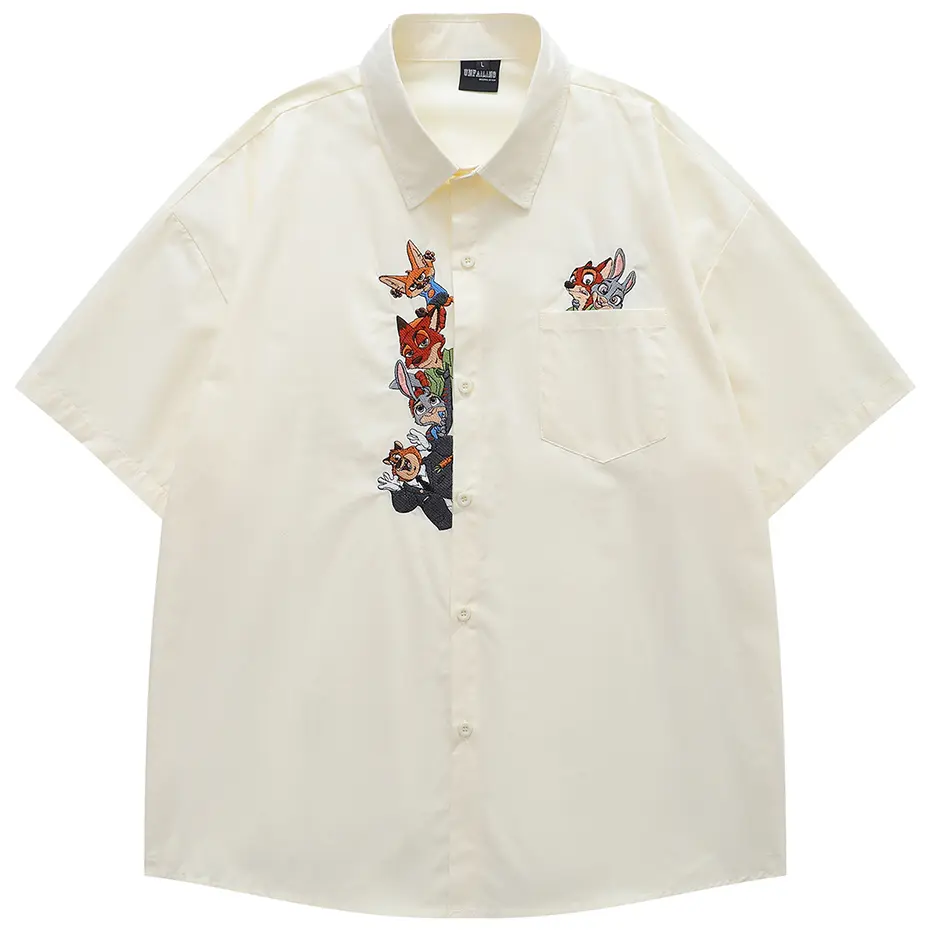 Cartoon Embroidery Shirts Unisex Summer Casual Loose Short Sleeve Shirts Button Up Blouse Japan Style Harajuku Oversized Shirts