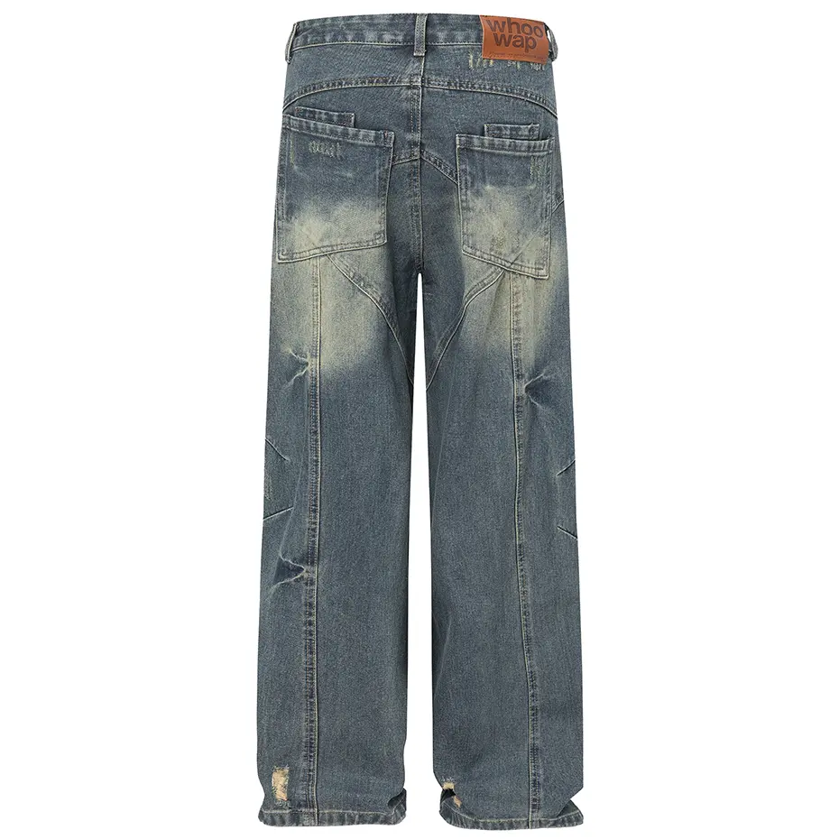 Blue Vintage Baggy Jeans Distressed Irregular Patchwork Loose Straight Denim Pants Harajuku Streetwear Hip Hop Jeans Trousers