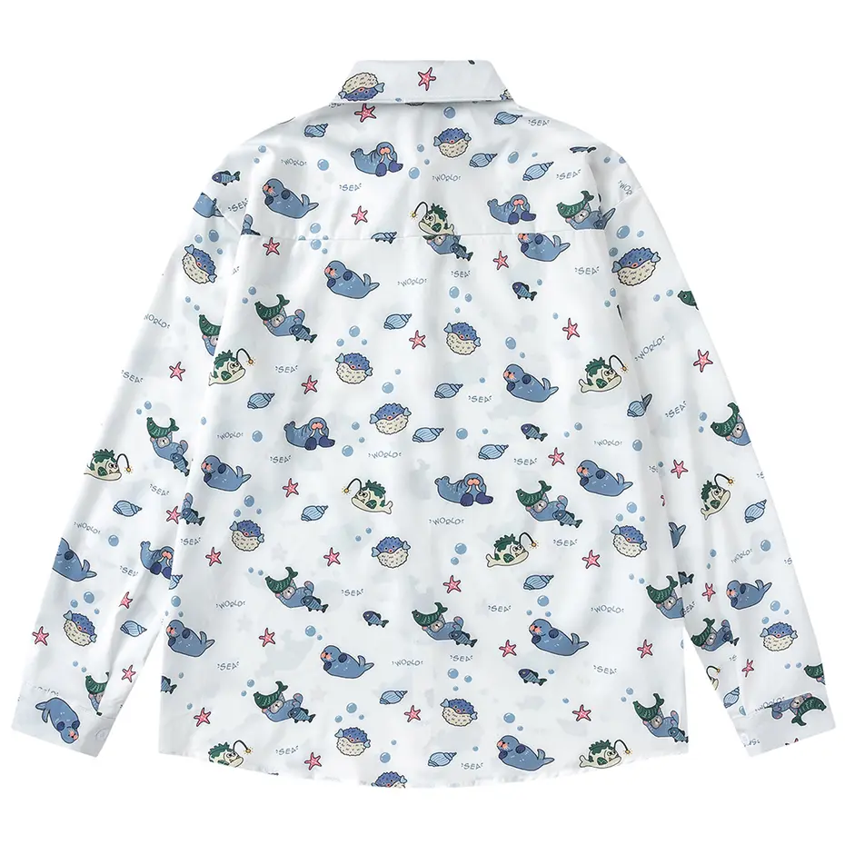 Sea World Graphic Shirts Japanese Harajuku Oversized Shirts Long Sleeve Button Up Blouse Unisex Casual Loose Shirts