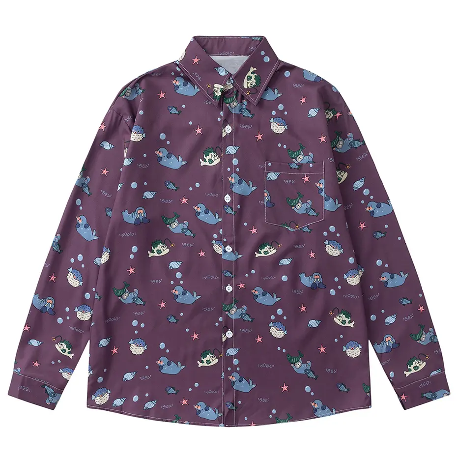 Sea World Graphic Shirts Japanese Harajuku Oversized Shirts Long Sleeve Button Up Blouse Unisex Casual Loose Shirts