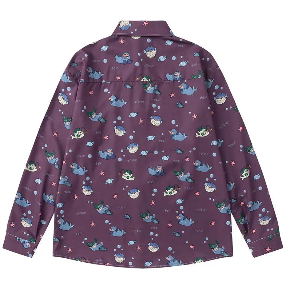 Sea World Graphic Shirts Japanese Harajuku Oversized Shirts Long Sleeve Button Up Blouse Unisex Casual Loose Shirts