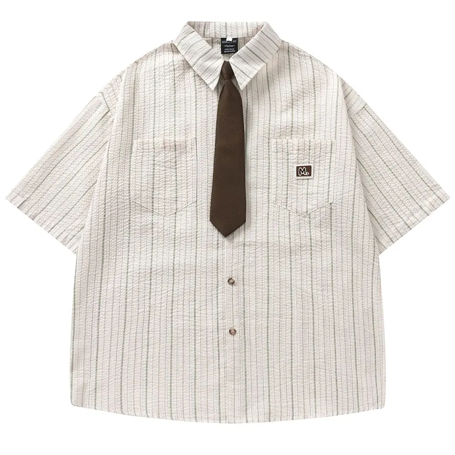 Japan Style Vintage Shirts with Necktie Summer Casual Loose Short Sleeve Button Up Blouse Varsity Shirts Oversized Y2K Shirts
