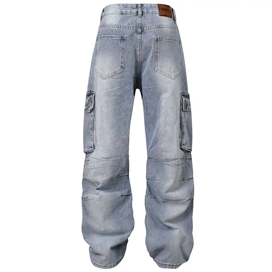 Multi Pocket Vintage Baggy Jeans Men's Blue Loose Straight Denim Pants Streetwear Harajuku Hip Hop Jeans