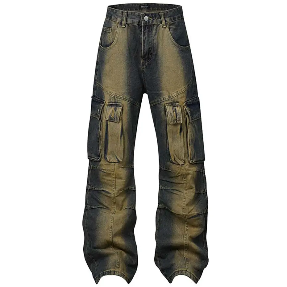 Multi Pocket Vintage Baggy Jeans Men's Blue Loose Straight Denim Pants Streetwear Harajuku Hip Hop Jeans