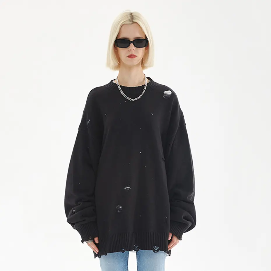 Fashion Ripped Sweaters Harajuku Streetwear Sweaters Men Black White Hip Hop Jumpers Knitted Pullovers Unisex 2023 Y2K Sweater
