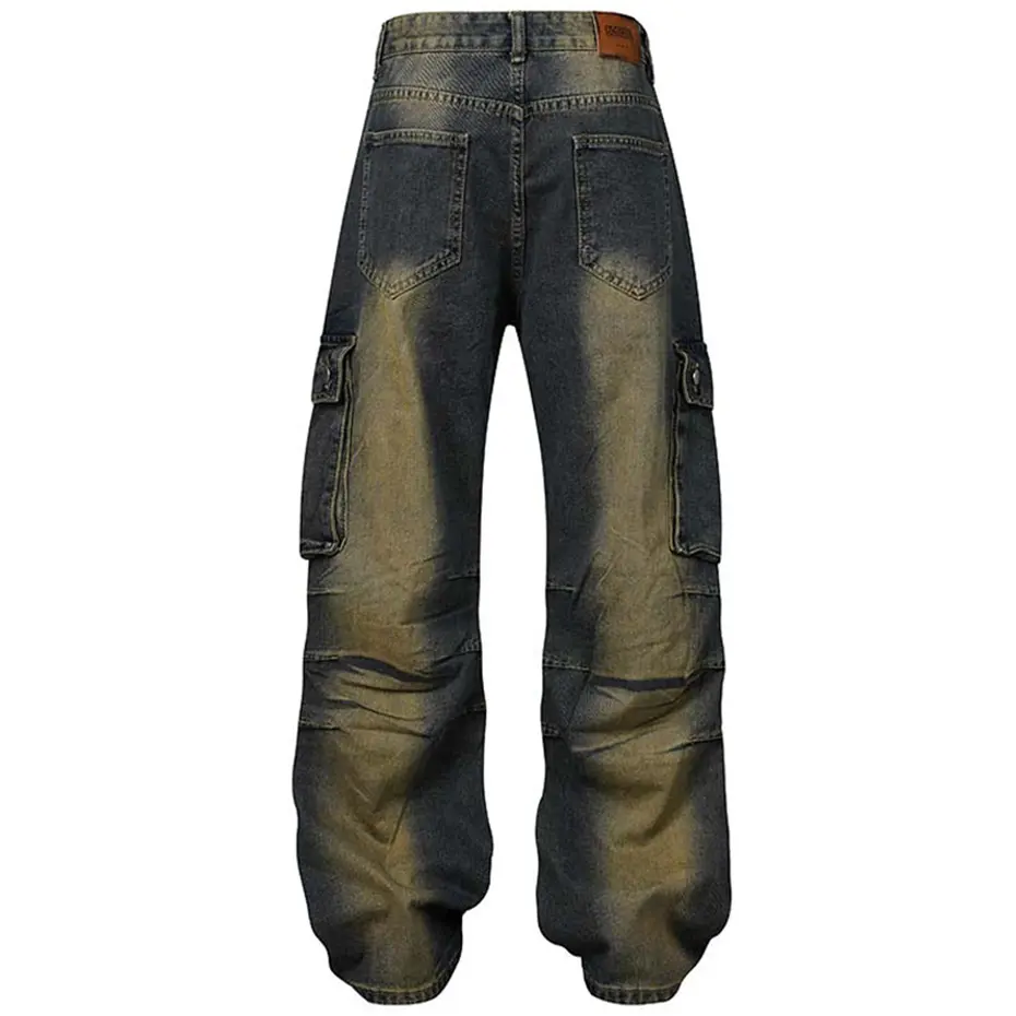 Multi Pocket Vintage Baggy Jeans Men's Blue Loose Straight Denim Pants Streetwear Harajuku Hip Hop Jeans