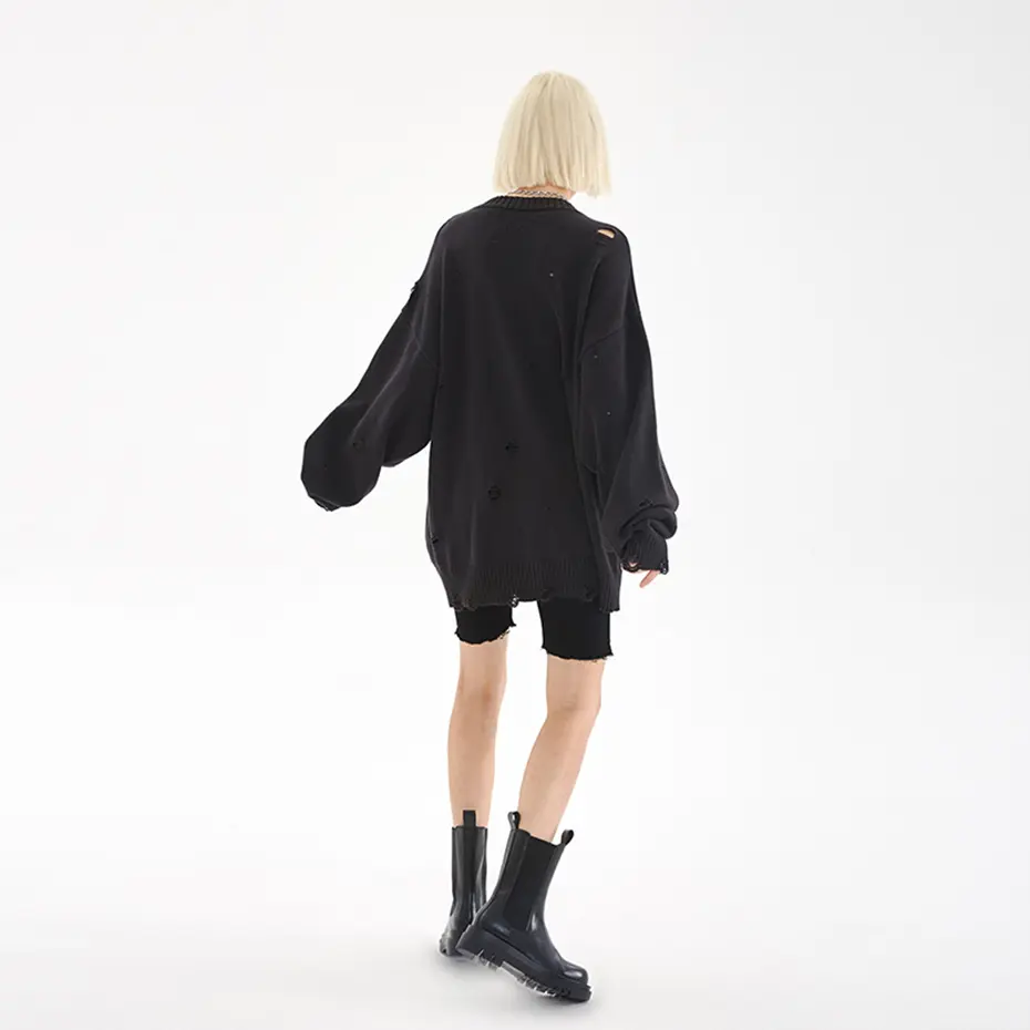 Fashion Ripped Sweaters Harajuku Streetwear Sweaters Men Black White Hip Hop Jumpers Knitted Pullovers Unisex 2023 Y2K Sweater