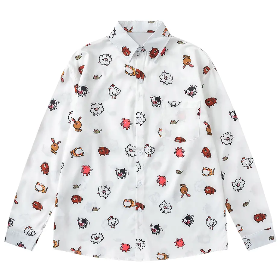 Cartoon Graphic Shirts Japanese Harajuku Oversized Long Sleeve Shirts Button Up Blouse Streetwear Hip Hop Oversized Shirts