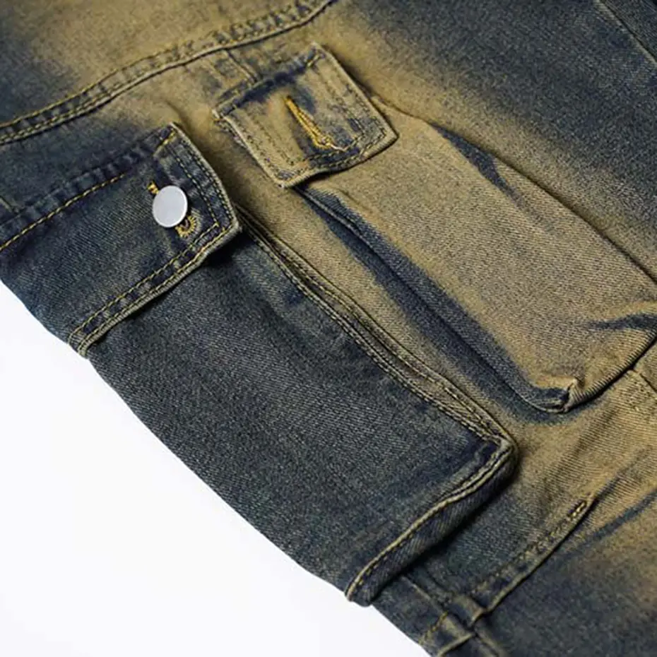 Multi Pocket Vintage Baggy Jeans Men's Blue Loose Straight Denim Pants Streetwear Harajuku Hip Hop Jeans