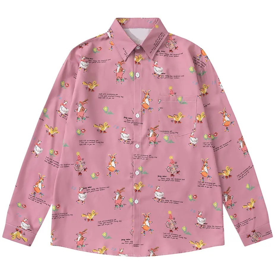 Cartoon Graphic Shirts Casual Loose Long Sleeve Shirts Button Up Blouse Japanese Harajuku Oversized Shirts