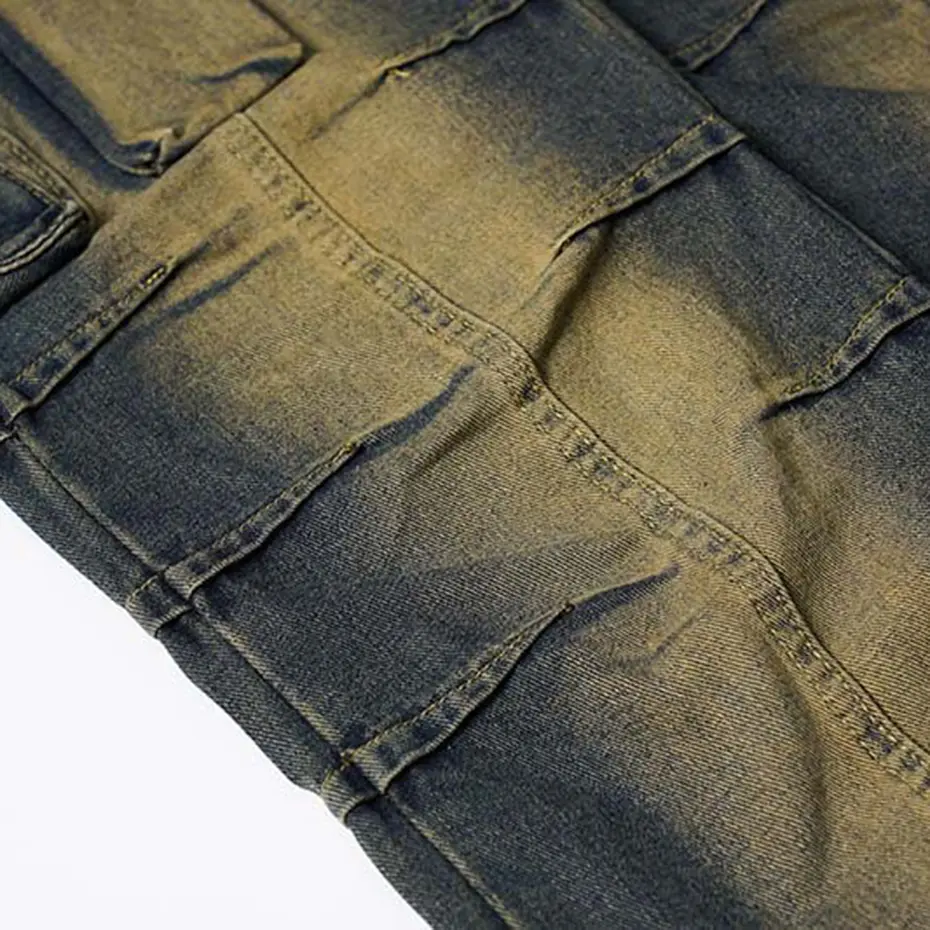 Multi Pocket Vintage Baggy Jeans Men's Blue Loose Straight Denim Pants Streetwear Harajuku Hip Hop Jeans