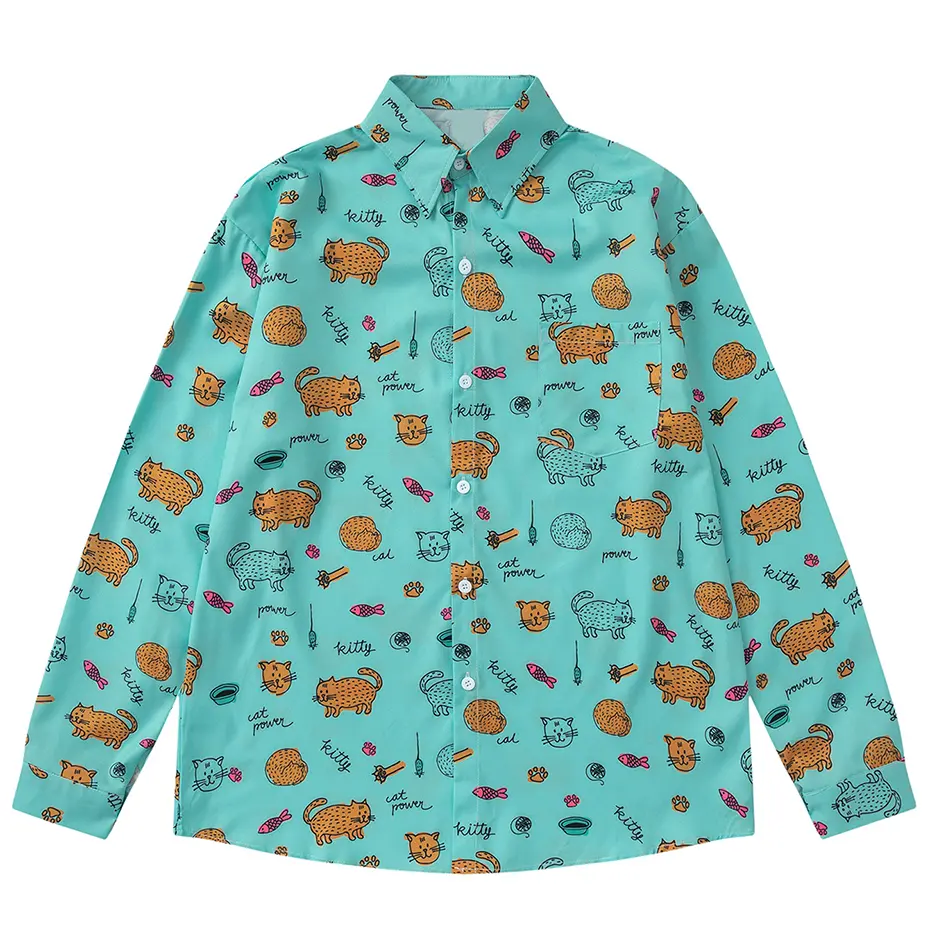 Cat Graphic Long Sleeve Shirts Japanese Harajuku Oversized Shirts Button Up Blouse Casual Loose Shirts