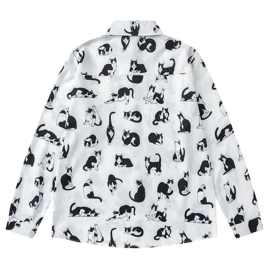 Cat Graphic Shirts Japan Harajuku Oversized Shirts Loose Casual Long Sleeve Button Up Blouse Streetwear Hip Hop Shirts