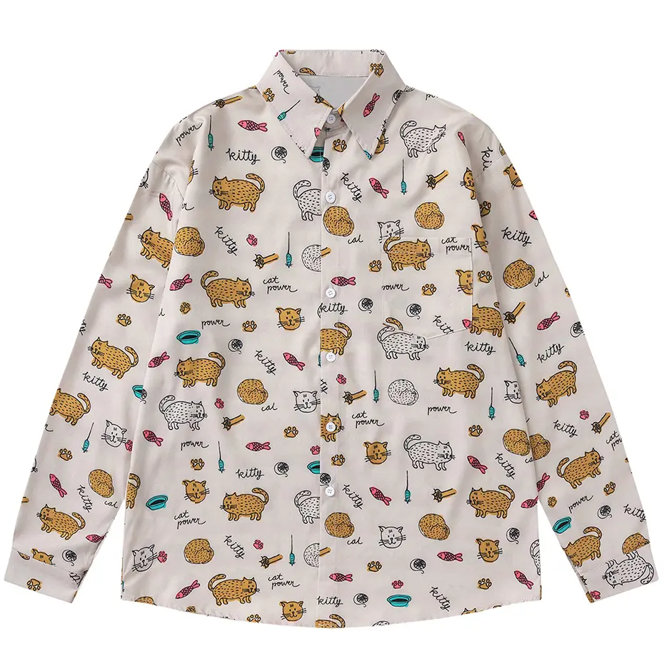 Cat Graphic Long Sleeve Shirts Japanese Harajuku Oversized Shirts Button Up Blouse Casual Loose Shirts