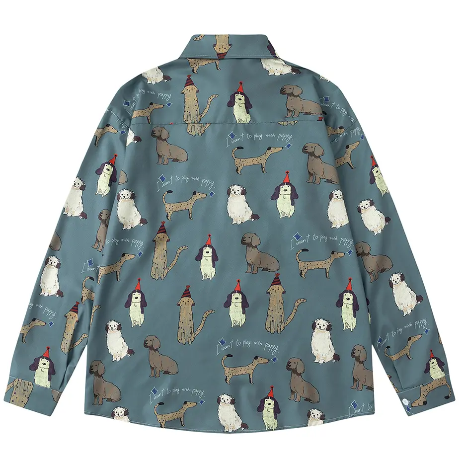 Dog Graphic Shirts Japanese Harajuku Vintage Shirts Long Sleeve Button Up Blouse Streetwear Oversized Shirts