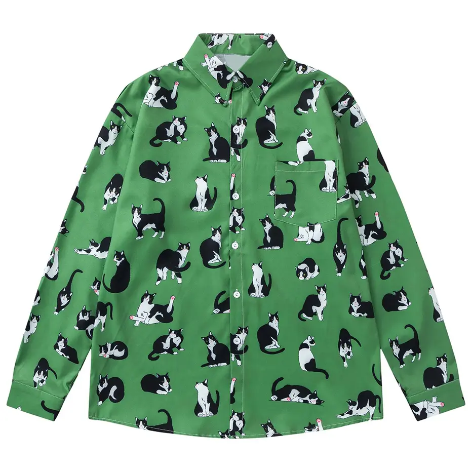 Cat Graphic Shirts Japan Harajuku Oversized Shirts Loose Casual Long Sleeve Button Up Blouse Streetwear Hip Hop Shirts