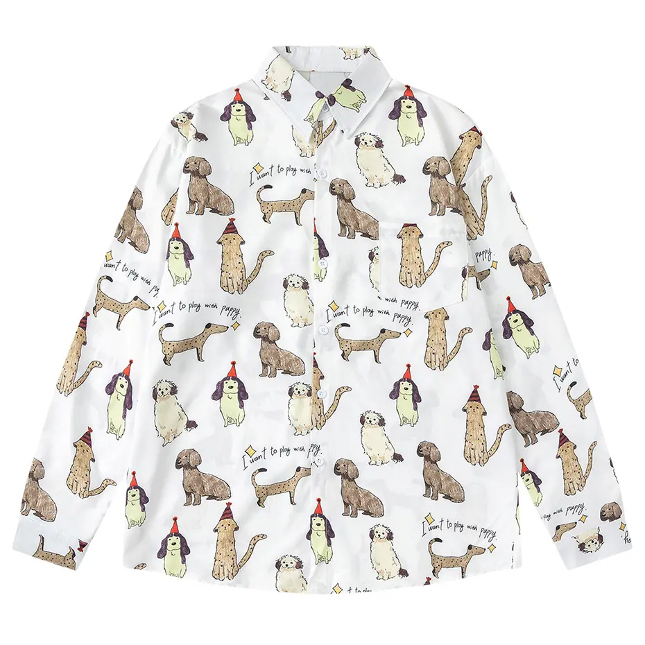 Dog Graphic Shirts Japanese Harajuku Vintage Shirts Long Sleeve Button Up Blouse Streetwear Oversized Shirts