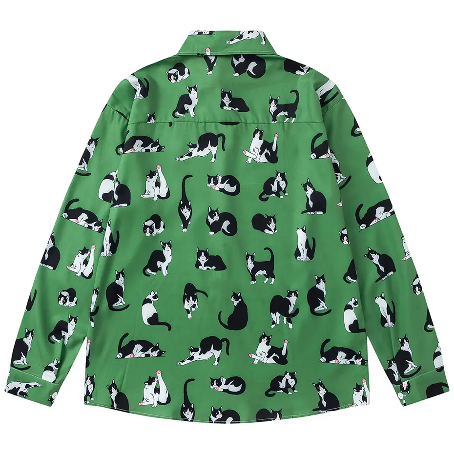 Cat Graphic Shirts Japan Harajuku Oversized Shirts Loose Casual Long Sleeve Button Up Blouse Streetwear Hip Hop Shirts