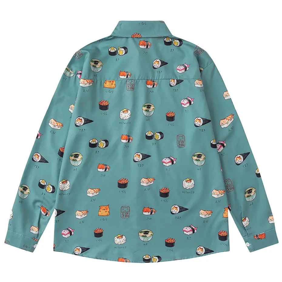 Japanese Harajuku Cat Graphic Shirts Casual Loose Long Sleeve Shirts Button Up Blouse Streetwear Hip Hop Oversized Shirts