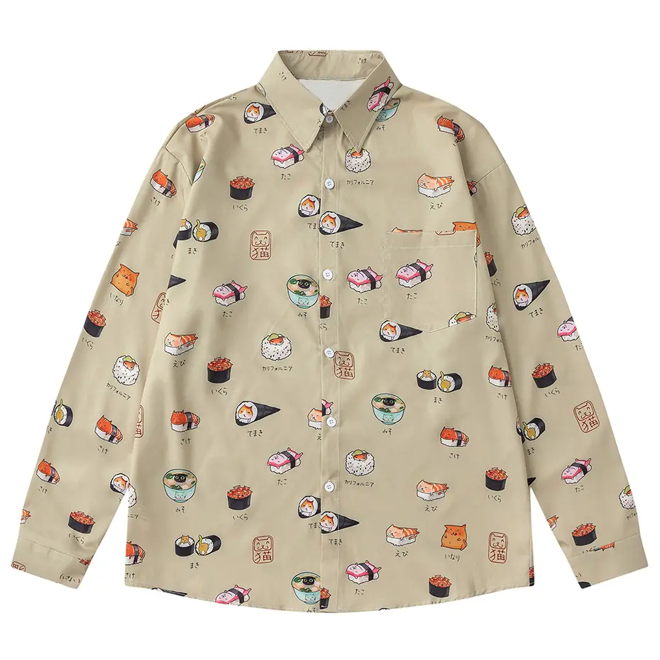 Japanese Harajuku Cat Graphic Shirts Casual Loose Long Sleeve Shirts Button Up Blouse Streetwear Hip Hop Oversized Shirts