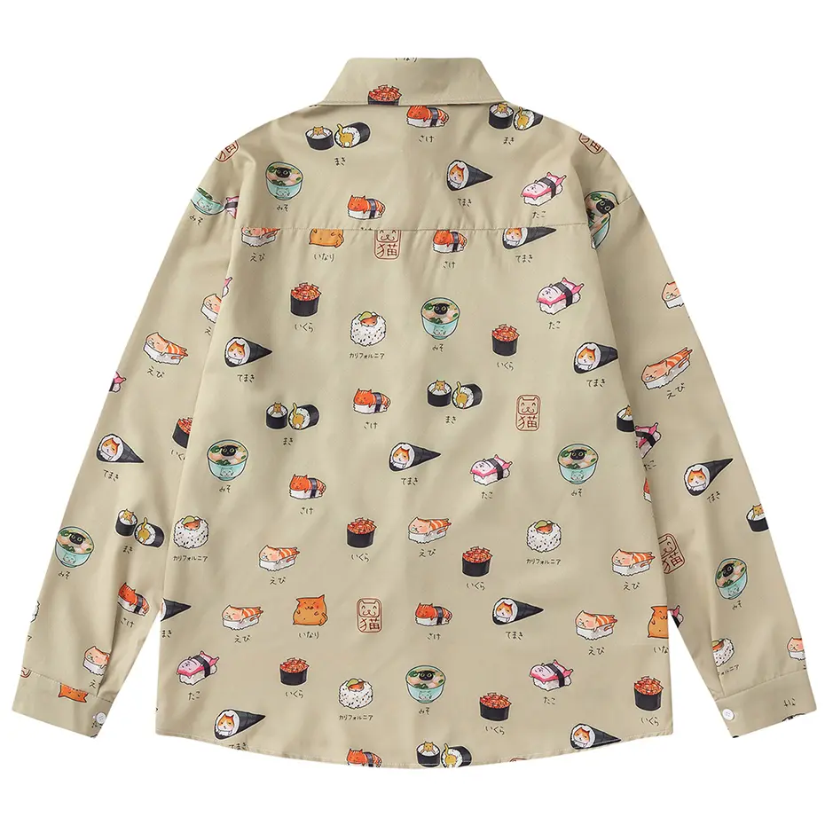 Japanese Harajuku Cat Graphic Shirts Casual Loose Long Sleeve Shirts Button Up Blouse Streetwear Hip Hop Oversized Shirts