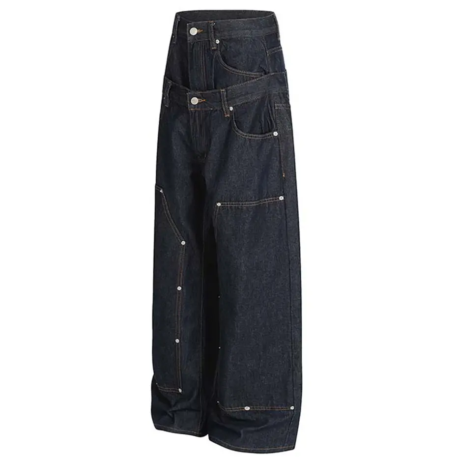 Men Baggy Jeans Fake Two Piece Blue Loose Straight Denim Pants Streetwear Harajuku Hip Hop Jeans Trousers