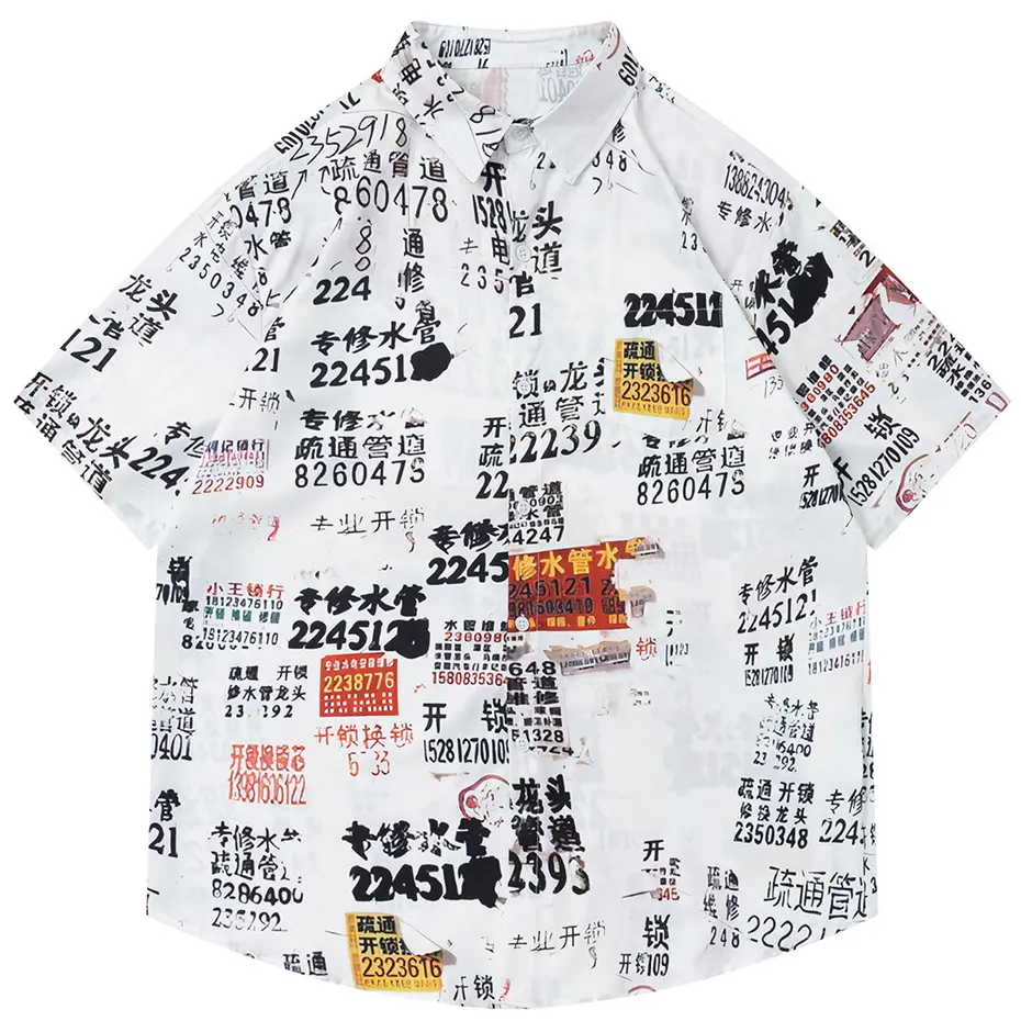 Japanese Harajuku Graphic Shirts Men Summer Loose Shirts Short Sleeve Button Up Blouse Streetwear Hip Hop Oversized Shirts