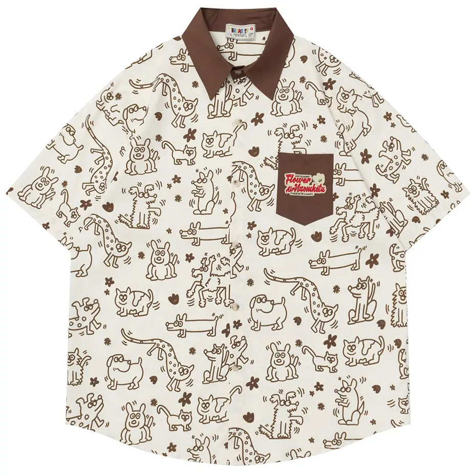 Japanese Harajuku Shirts Cartoon Graphic Loose Short Sleeve Shirts Summer Button Up Blouse Men Streetwear Hip Hop Shirts