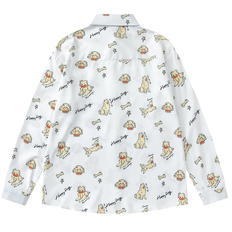 Dog Graphic Shirts Japan Style Vintage Long Sleeve Shirts Casual Loose Button Up Blouse Harajuku Hip Hop Oversized Shirts