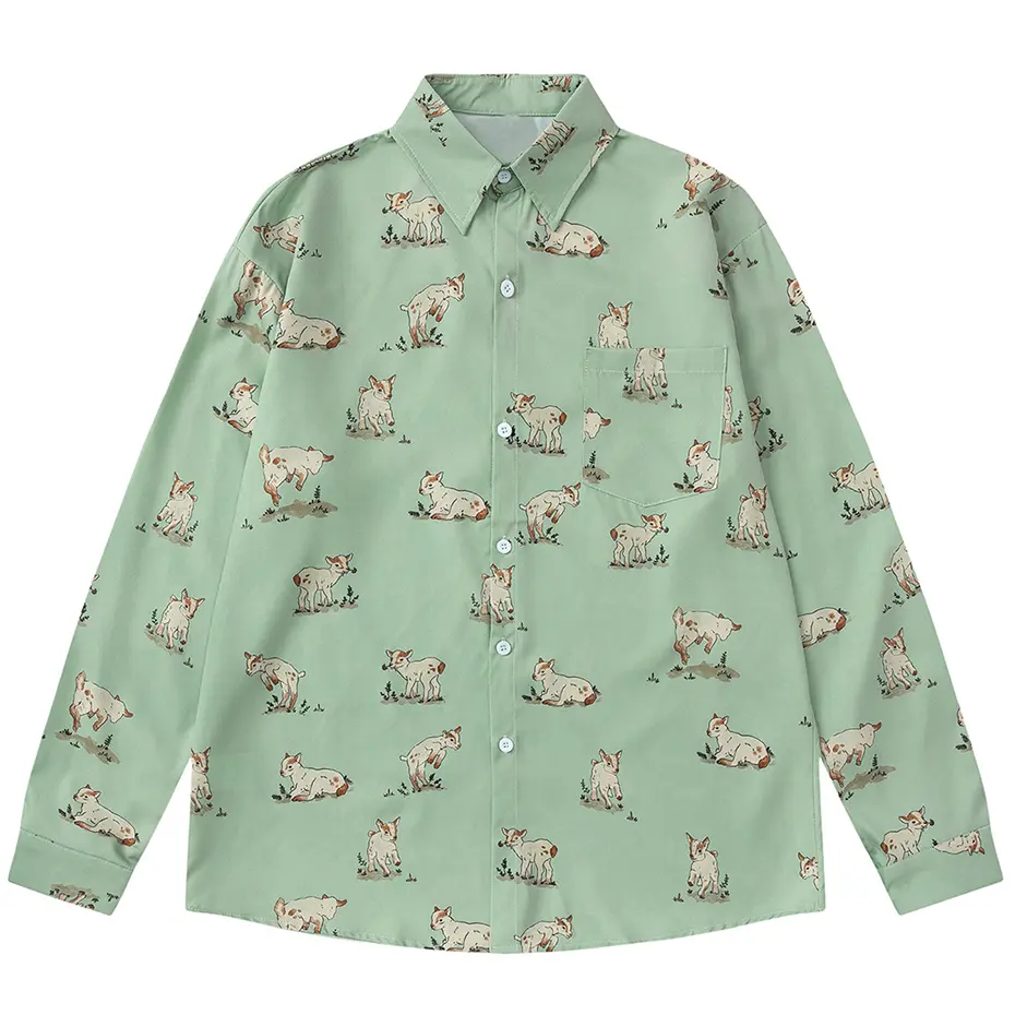 Goat Graphic Shirts Casual Loose Long Sleeve Shirts Button Up Blouse Streetwear Harajuku Hip Hop Oversized Shirts