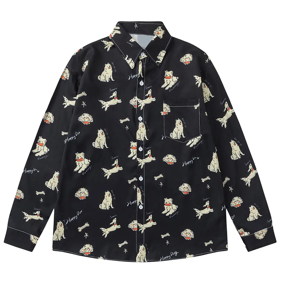 Dog Graphic Shirts Japan Style Vintage Long Sleeve Shirts Casual Loose Button Up Blouse Harajuku Hip Hop Oversized Shirts