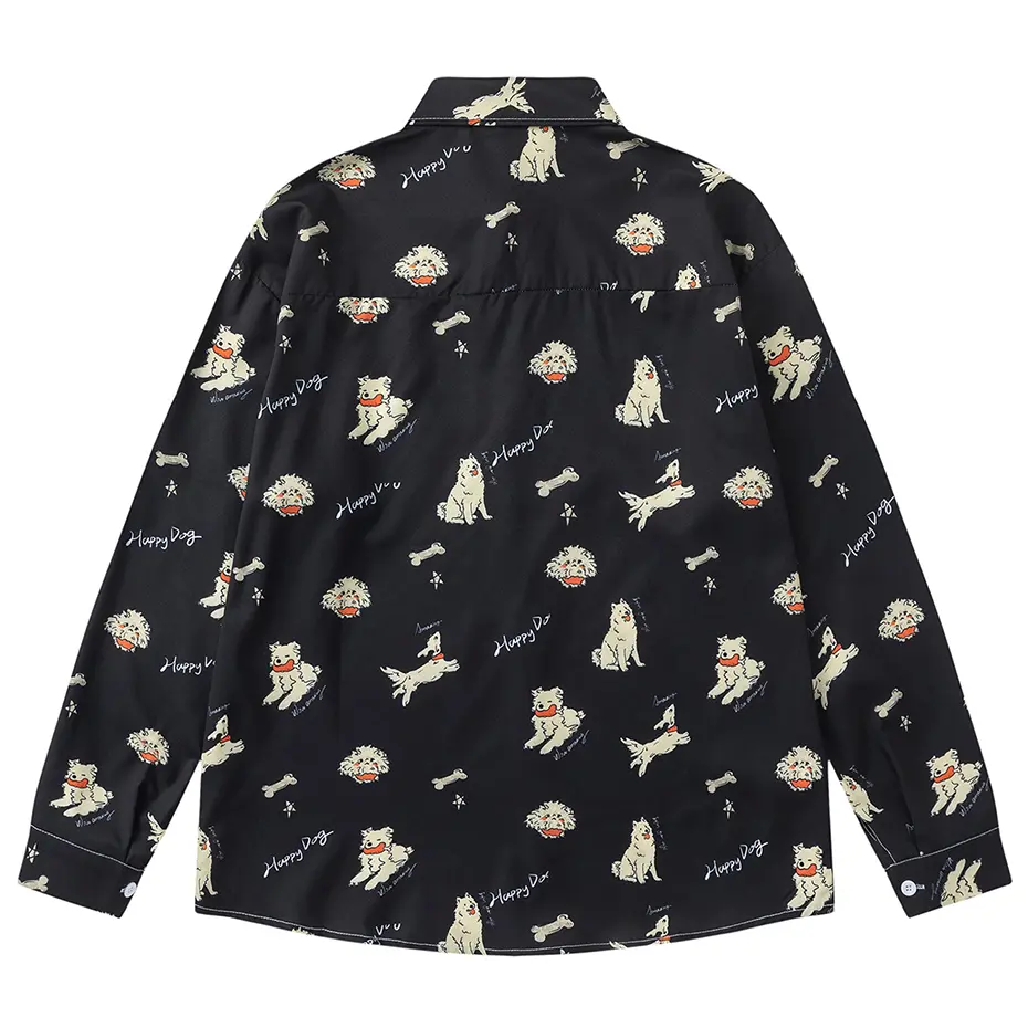 Dog Graphic Shirts Japan Style Vintage Long Sleeve Shirts Casual Loose Button Up Blouse Harajuku Hip Hop Oversized Shirts