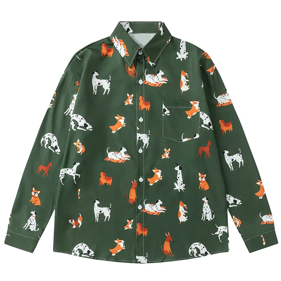 Dog Graphic Shirts Casual Loose Long Sleeve Shirts Button Up Blouse Streetwear Harajuku Hip Hop Oversized Shirts