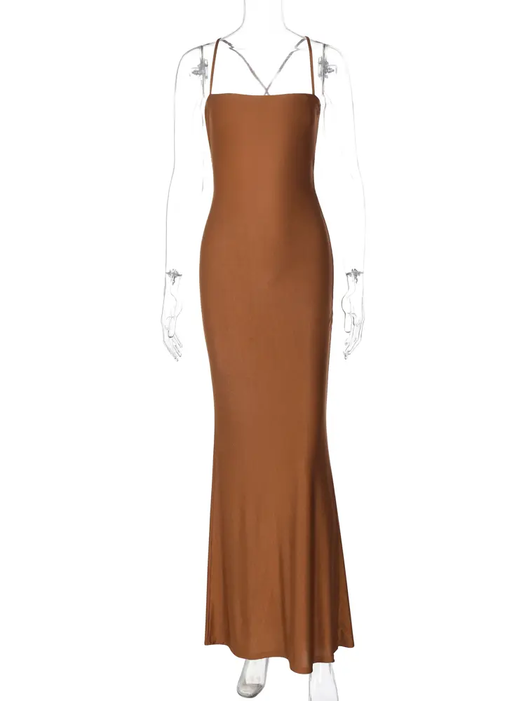 Hugcitar 2024 Spring Solid Slips Backless Draped Bandage Sexy Slim Maxi Prom Dress Women Elegant Clothes Party Birthday Festival