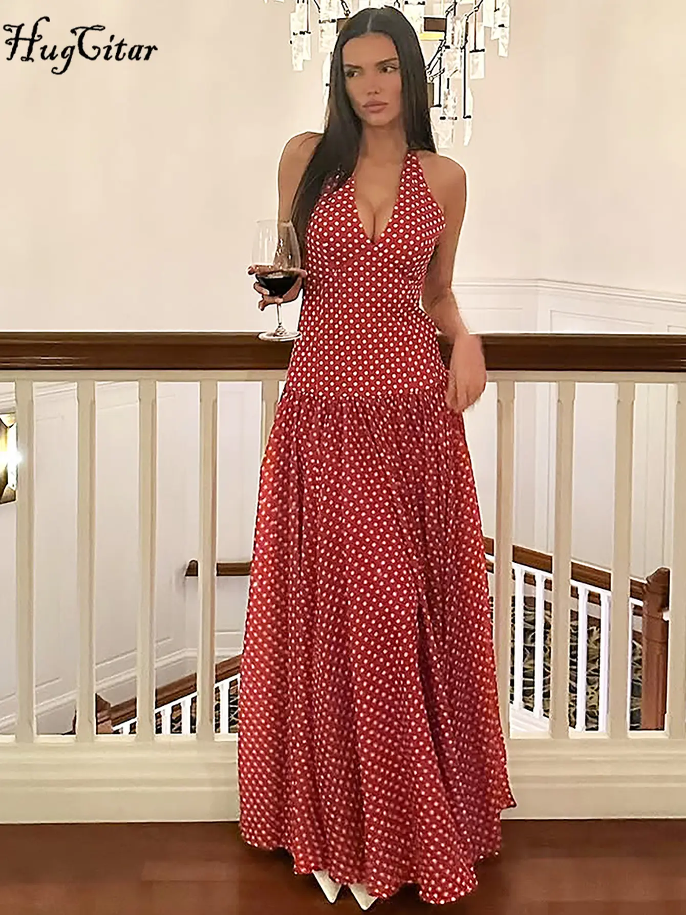 Hugcitar 2025 Fashion Spot Print Halter V Neck Backless Bandage Sexy Slim Pleated Maxi Dress Summer Women Outfits Festival Party