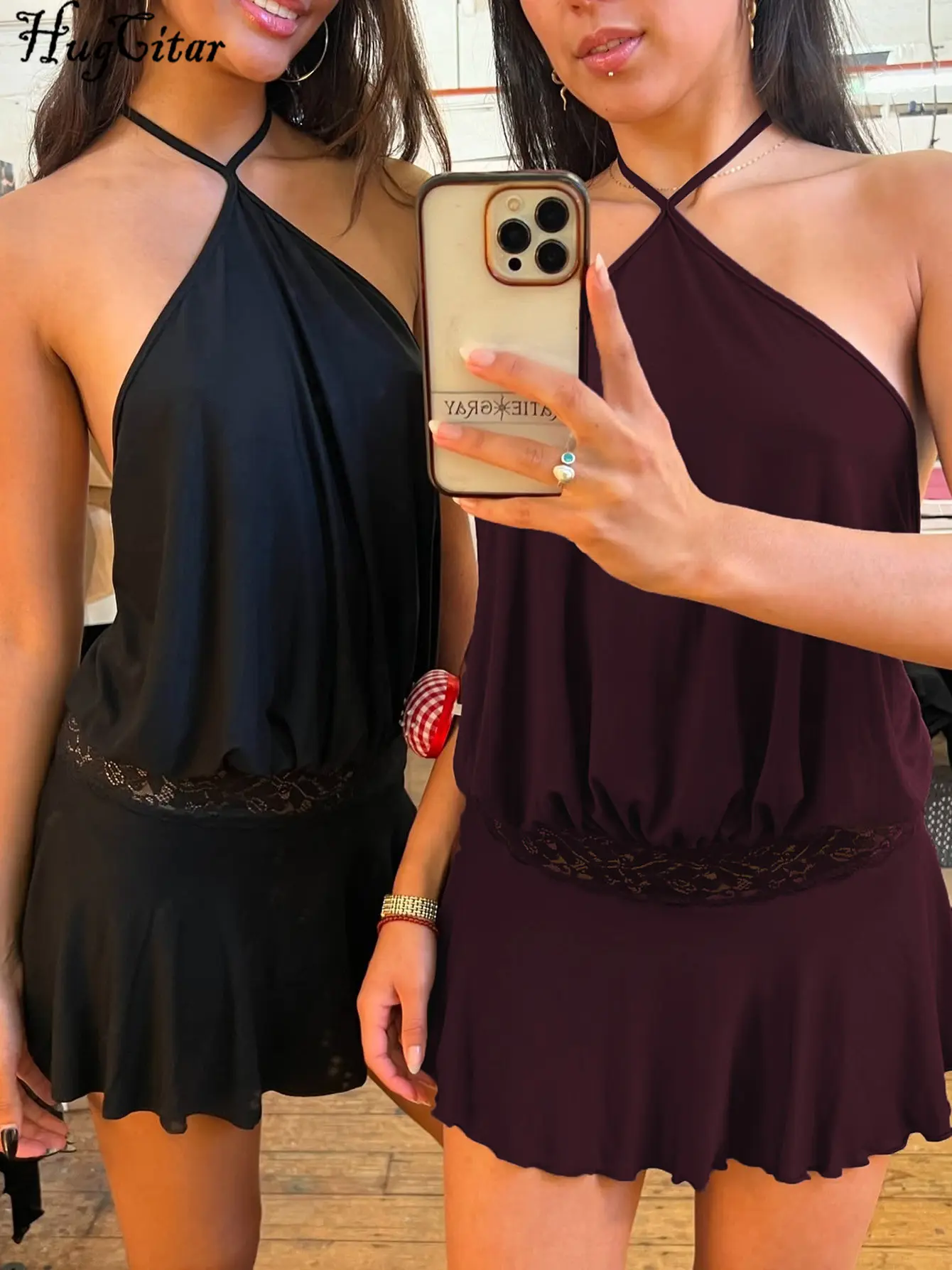 Hugcitar Women'S Fashion Halter Solid Backless Patchwork Lace Bandage Sexy Mini Dress 2025 Summer Clothes Vacation Party Club